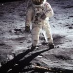 Historic image of an astronaut on the moon during the Apollo mission, showcasing space exploration.